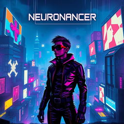 A visually stunning book cover for a science fiction novel, emulating the style of the iconic 'Neuromancer' cover