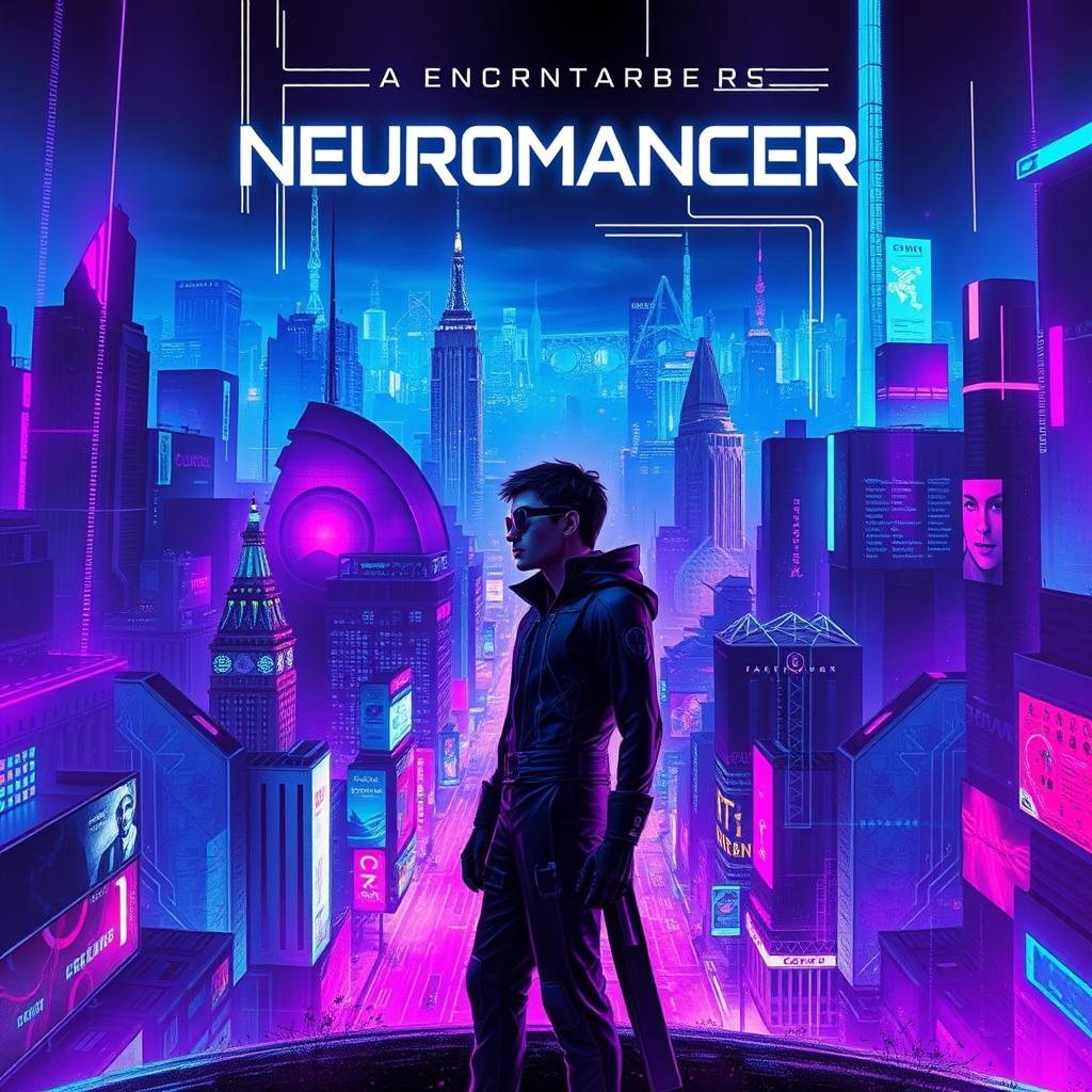 A visually stunning book cover for a science fiction novel, emulating the style of the iconic 'Neuromancer' cover