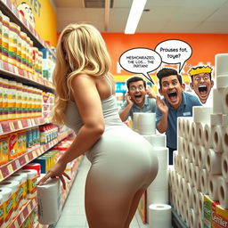 A playful scene set in a supermarket's toilet paper aisle, featuring a blonde woman with a curvy figure seen in a humorous close-up as she bends over to reach for a pack of toilet paper
