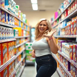 A humorous full-body shot of a blonde woman with a bubbly figure in a playful pose, standing in the toilet paper aisle of a supermarket