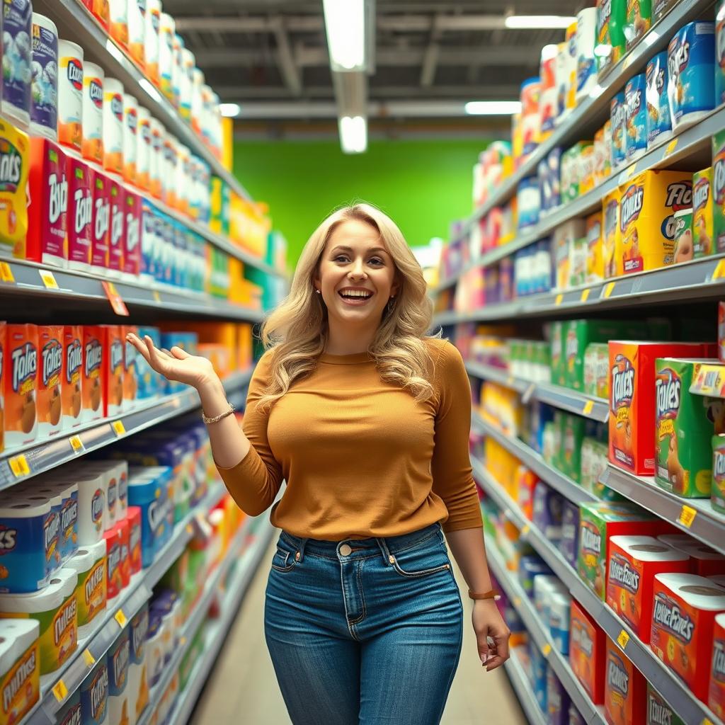 A humorous full-body shot of a blonde woman with a bubbly figure in a playful pose, standing in the toilet paper aisle of a supermarket