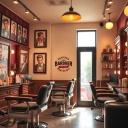 A beautiful and vibrant barbershop scene, showcasing a stylishly designed interior with vintage barber chairs, mirrors, and hair styling tools