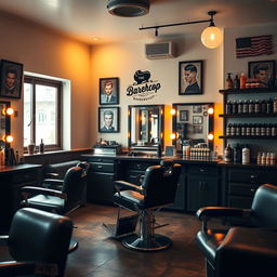 A beautiful and vibrant barbershop scene, showcasing a stylishly designed interior with vintage barber chairs, mirrors, and hair styling tools