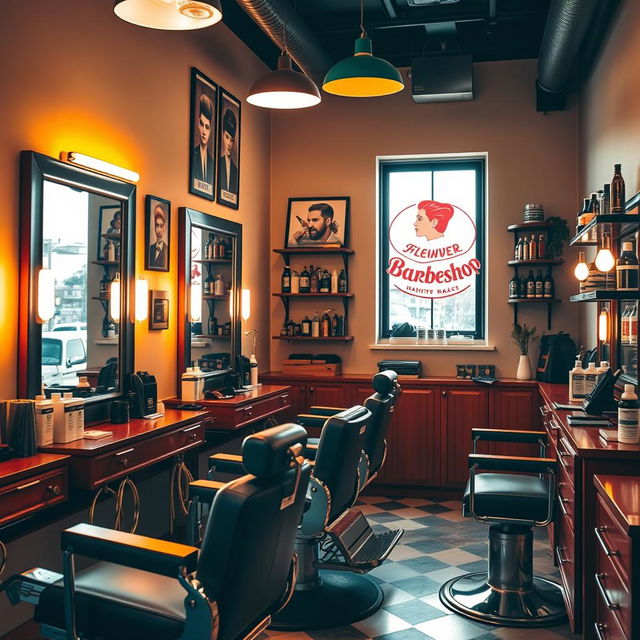 A beautiful and vibrant barbershop scene, showcasing a stylishly designed interior with vintage barber chairs, mirrors, and hair styling tools