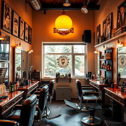 A beautiful and vibrant barbershop scene, showcasing a stylishly designed interior with vintage barber chairs, mirrors, and hair styling tools