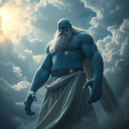 A formidable Cloud Goliath sorcerer, towering and imposing, with thin blue skin that shimmers in the light