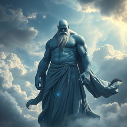A formidable Cloud Goliath sorcerer, towering and imposing, with thin blue skin that shimmers in the light