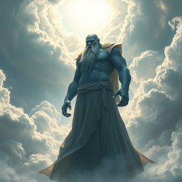 A formidable Cloud Goliath sorcerer, towering and imposing, with thin blue skin that shimmers in the light