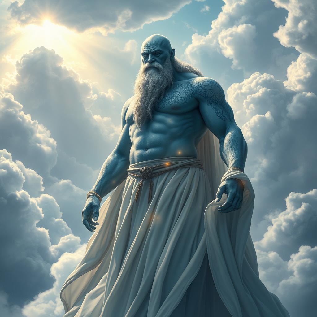 A formidable Cloud Goliath sorcerer, towering and imposing, with thin blue skin that shimmers in the light