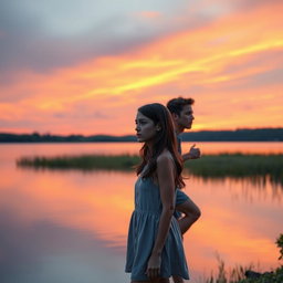 A scene depicting a young woman named Clara standing alone by a serene lakeside at sunset
