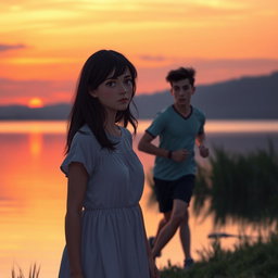 A scene depicting a young woman named Clara standing alone by a serene lakeside at sunset