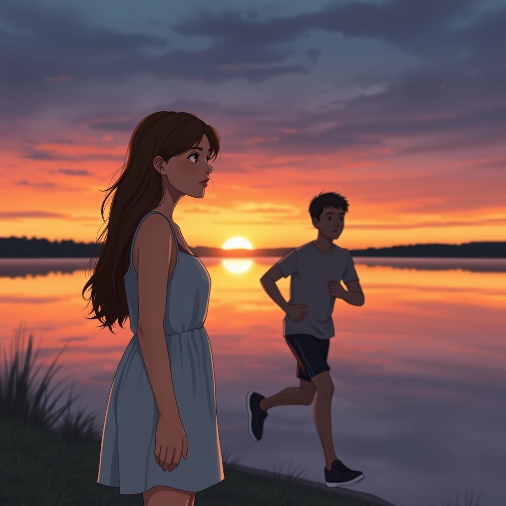 A scene depicting a young woman named Clara standing alone by a serene lakeside at sunset