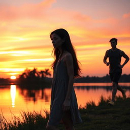 A scene depicting a young woman named Clara standing alone by a serene lakeside at sunset
