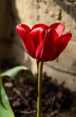 A striking image featuring a red tulip with sharp thorns, elegantly poised, with vivid red blood dripping from its petals