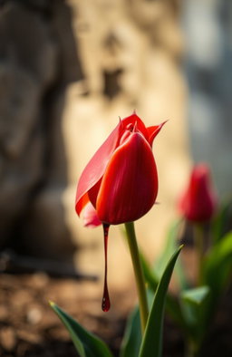 A striking image featuring a red tulip with sharp thorns, elegantly poised, with vivid red blood dripping from its petals