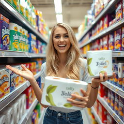 A humorous and playful scene featuring a blonde woman in a light-hearted pose in the toilet paper aisle of a supermarket