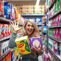 A humorous and playful scene featuring a blonde woman in a light-hearted pose in the toilet paper aisle of a supermarket