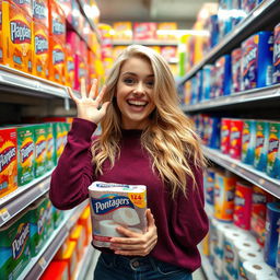 A humorous and playful scene featuring a blonde woman in a light-hearted pose in the toilet paper aisle of a supermarket