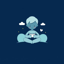 A serene and gentle symbol representing a calm, kind boy who loves to play games, set against a dark blue background
