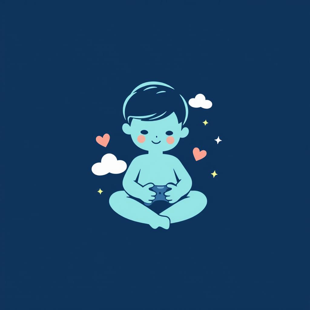 A serene and gentle symbol representing a calm, kind boy who loves to play games, set against a dark blue background