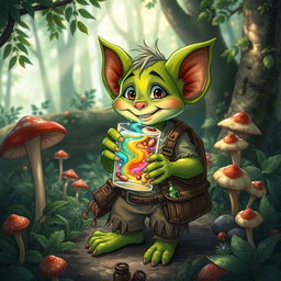 A detailed illustration of a mischievous kobold holding a vibrant, magical drink in a forest setting
