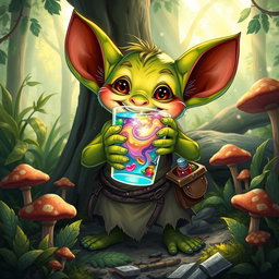 A detailed illustration of a mischievous kobold holding a vibrant, magical drink in a forest setting