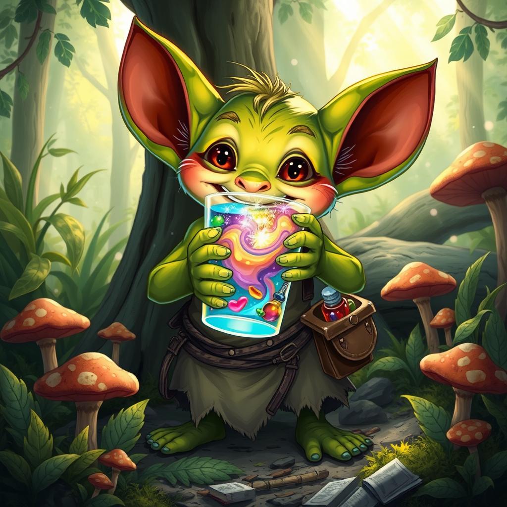 A detailed illustration of a mischievous kobold holding a vibrant, magical drink in a forest setting