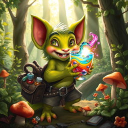 A detailed illustration of a mischievous kobold holding a vibrant, magical drink in a forest setting