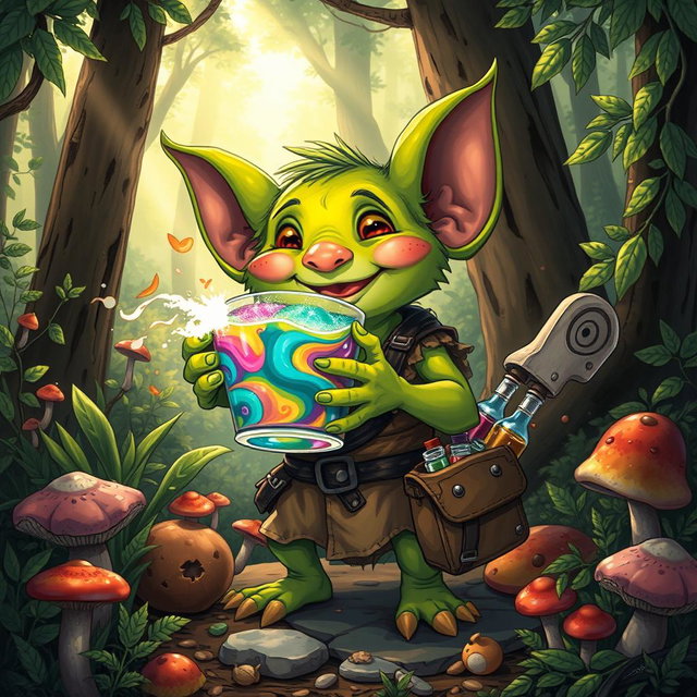 A detailed illustration of a mischievous kobold holding a vibrant, magical drink in a forest setting