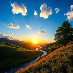 A vibrant and stunning landscape scene featuring a lush valley with rolling green hills under a clear blue sky