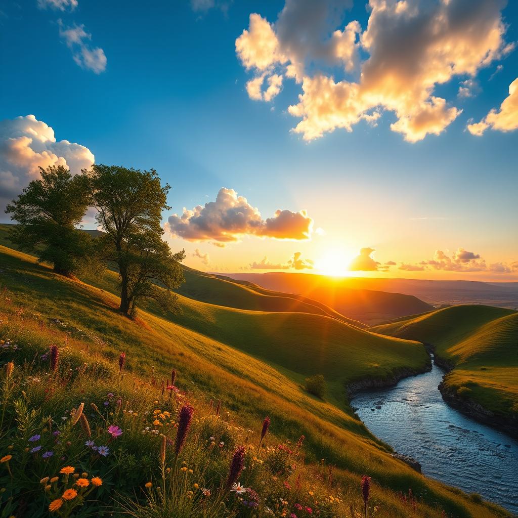 A vibrant and stunning landscape scene featuring a lush valley with rolling green hills under a clear blue sky