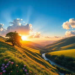 A vibrant and stunning landscape scene featuring a lush valley with rolling green hills under a clear blue sky
