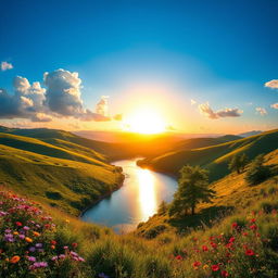 A vibrant and stunning landscape scene featuring a lush valley with rolling green hills under a clear blue sky