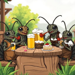 A whimsical cartoon scene featuring a family of German cockroaches