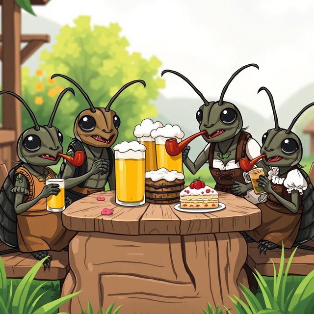 A whimsical cartoon scene featuring a family of German cockroaches