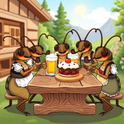 A whimsical cartoon scene featuring a family of German cockroaches
