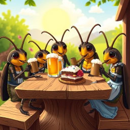 A whimsical cartoon scene featuring a family of German cockroaches