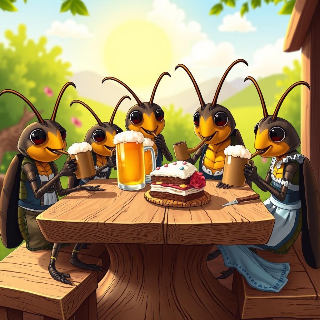 A whimsical cartoon scene featuring a family of German cockroaches