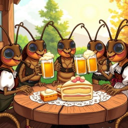 A whimsical cartoon scene featuring a family of German cockroaches