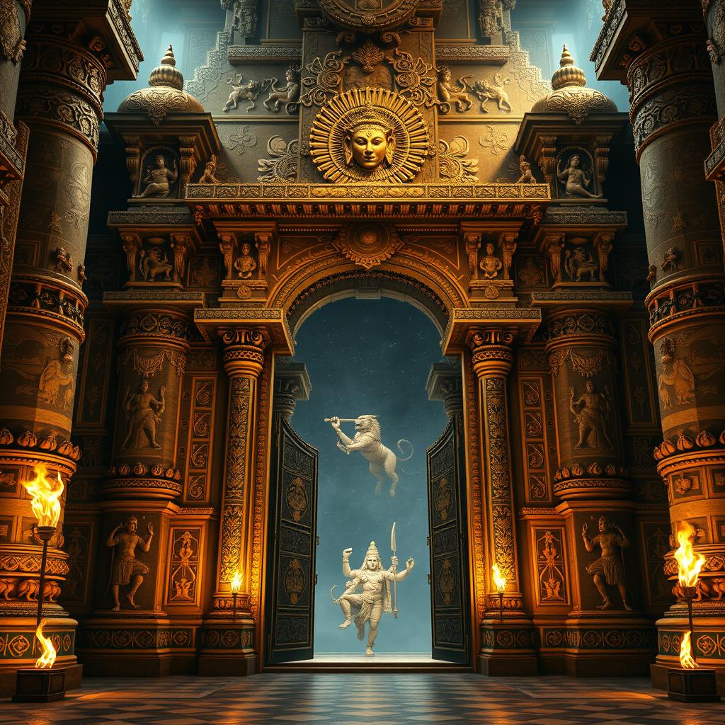 A majestic and imposing scene depicting the grand entrance of Hiranyakashyapu's Darbar (palace), intricately designed with stunning carvings that showcase epic battles and celestial motifs