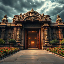 A powerful and dramatic representation of the entrance to Hiranyakashyapu's Darbar (palace), depicted as a majestic structure with grand and intricate carvings that tell the story of ancient Indian mythology