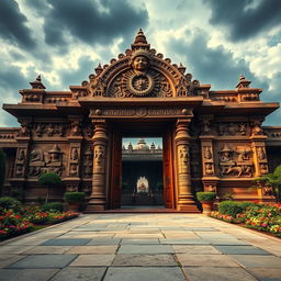 A powerful and dramatic representation of the entrance to Hiranyakashyapu's Darbar (palace), depicted as a majestic structure with grand and intricate carvings that tell the story of ancient Indian mythology