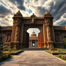 A powerful and dramatic representation of the entrance to Hiranyakashyapu's Darbar (palace), depicted as a majestic structure with grand and intricate carvings that tell the story of ancient Indian mythology