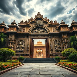 A powerful and dramatic representation of the entrance to Hiranyakashyapu's Darbar (palace), depicted as a majestic structure with grand and intricate carvings that tell the story of ancient Indian mythology
