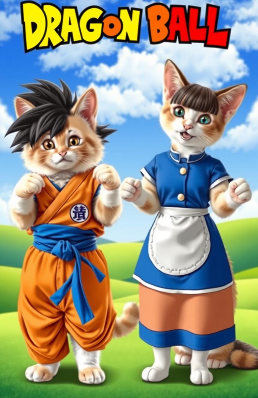 Two adorable cats named Mochi and Peach, dressed up as Goku and Milk from Dragon Ball