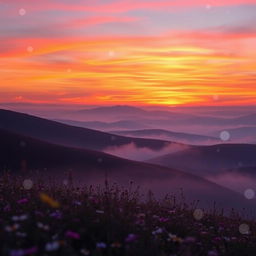 Aesthetic digital wallpaper featuring a serene landscape at sunset, with vibrant colors of orange, pink, and purple blends in the sky