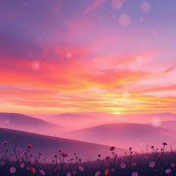 Aesthetic digital wallpaper featuring a serene landscape at sunset, with vibrant colors of orange, pink, and purple blends in the sky