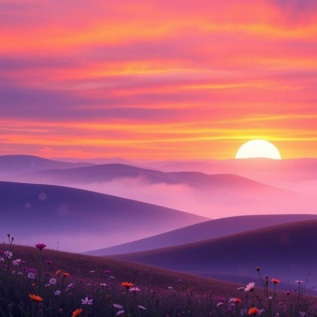 Aesthetic digital wallpaper featuring a serene landscape at sunset, with vibrant colors of orange, pink, and purple blends in the sky