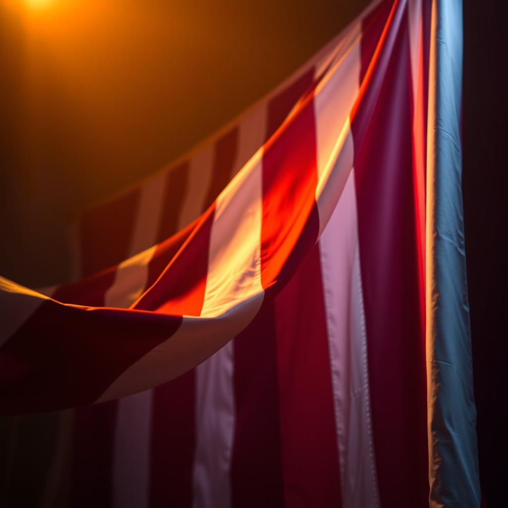 A cinematic scene featuring the American flag draped dramatically in the background
