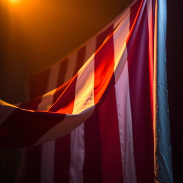 A cinematic scene featuring the American flag draped dramatically in the background